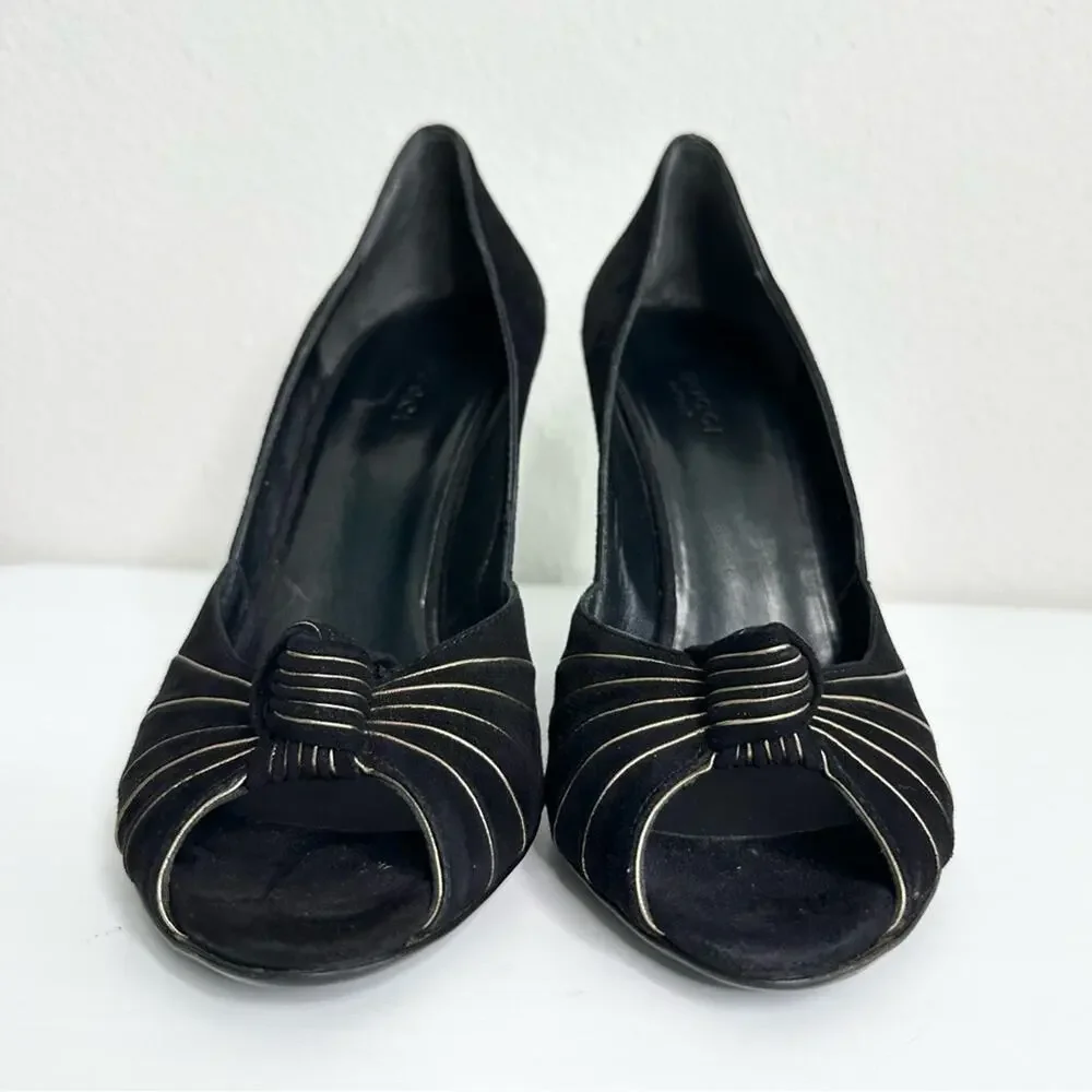 GUCCI Peep Toe Black Pumps with Gold Trim Size 37.5 - Picture 3 of 8